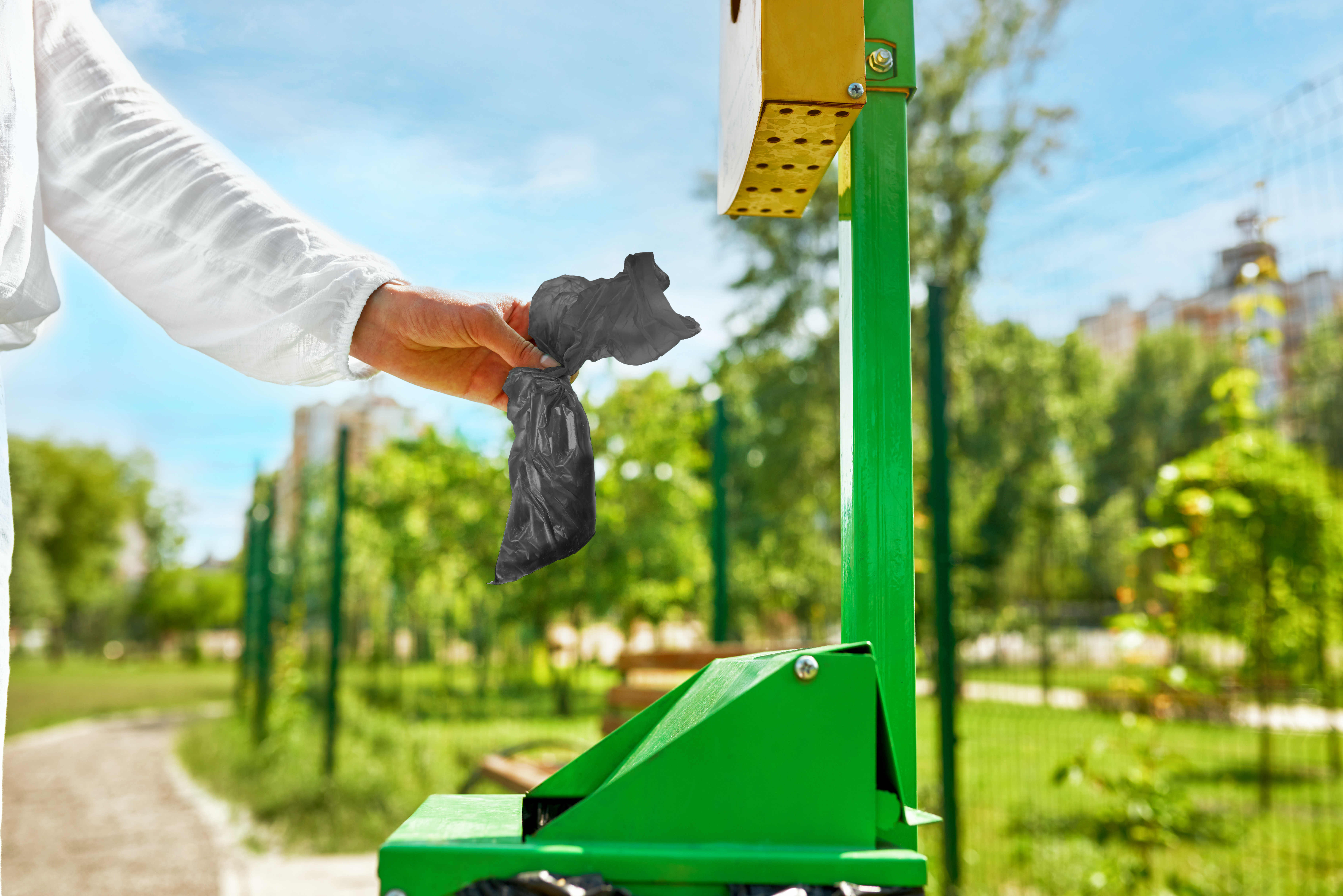 Photo of person throwing away pet waste in the proper container