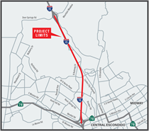 I-15 Project Replacement Project Limits Map. For more information; call (619) 688-6670 or email CT.Public.Information.D11@dot.ca.gov