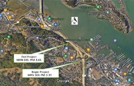 Map location for the Second Culvert Project on US-101 in Marin County. The location is near Marin City from Donahue Street to 0.3 miles north of Donahue Street. 