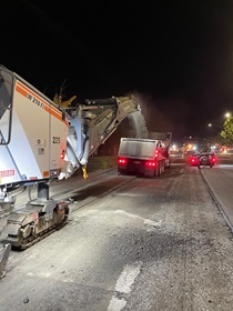 Caltrans paving machine working on pavement and ADA improvements on State Route 82 El Camino Real; between south of State Route-237; Mountain View to Sand Hill Road; Menlo Park/Palo Alto.