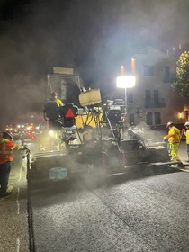 Caltrans workers and paving machine working on pavement and ADA improvements on State Route 82 El Camino Real; between south of State Route-237; Mountain View to Sand Hill Road; Menlo Park/Palo Alto.