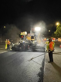 Caltrans workers and paving machine working on pavement and ADA improvements on State Route 82 El Camino Real; between south of State Route-237; Mountain View to Sand Hill Road; Menlo Park/Palo Alto.