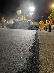 Caltrans workers and paving machine working on pavement and ADA improvements on State Route 82 El Camino Real; between south of State Route-237; Mountain View to Sand Hill Road; Menlo Park/Palo Alto.