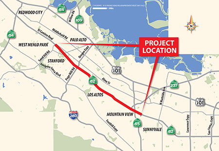 Map showing the section of SR 82 from 0.7 miles south of SR-237 to Sand Hill Road that will be affected by the pavement rehab and ADA improvements project.