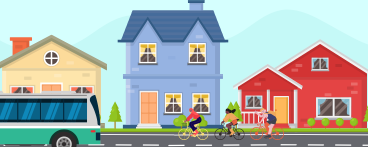 cartoon image of three houses lined up with a street in front of them. On the street is a bus driving on one side of the road with three cyclists biking on the other side in the opposite direction. 