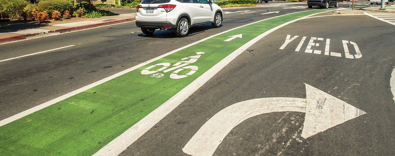 Photo showing new green bike path