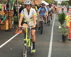 Group of bicyclists riding in a bike lane