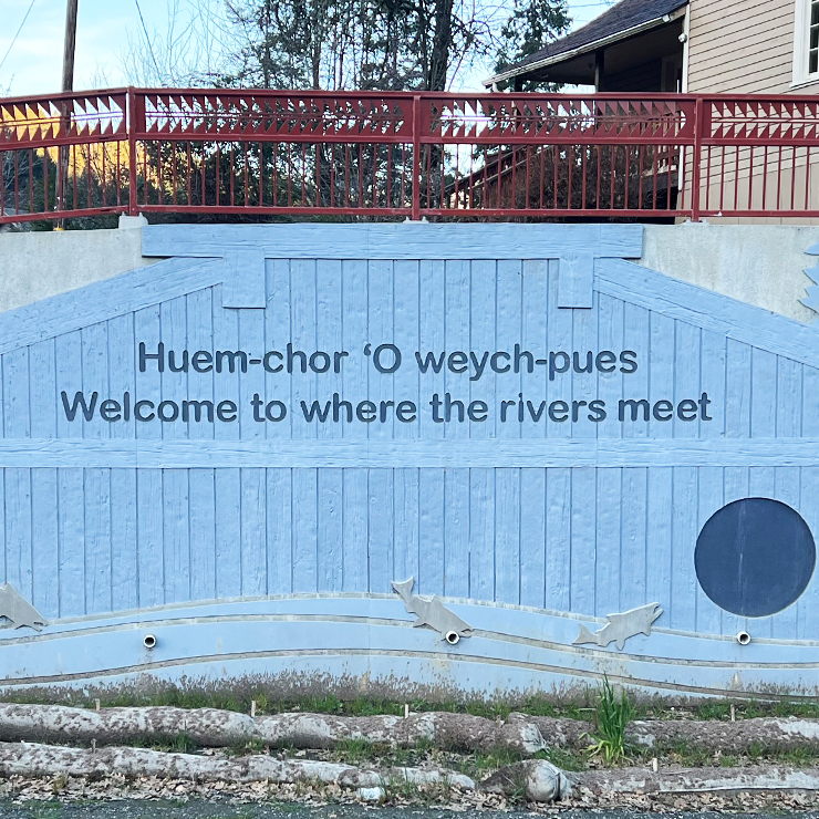 Close up of an architectural structure with an inscription in native American language