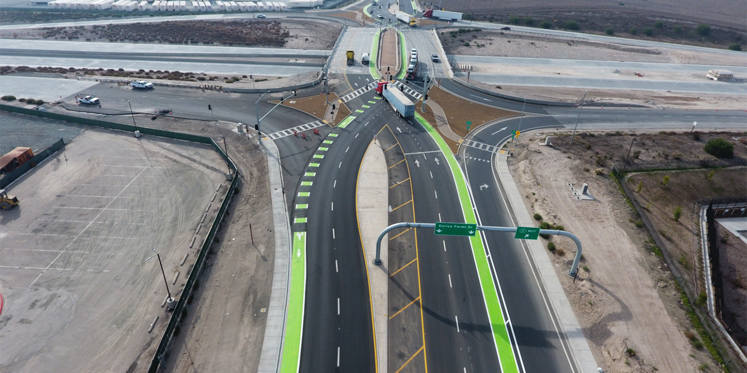 Aerial photo showing newly constructed converging intersection at Otay Mesa East