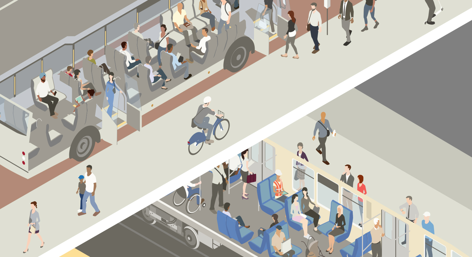 Conceptual Art showing people boarding a bus and train, with many pedestrians and a bicyclist.