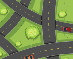 Graphic illustration of an overhead view of many roads and three cars driving over them.