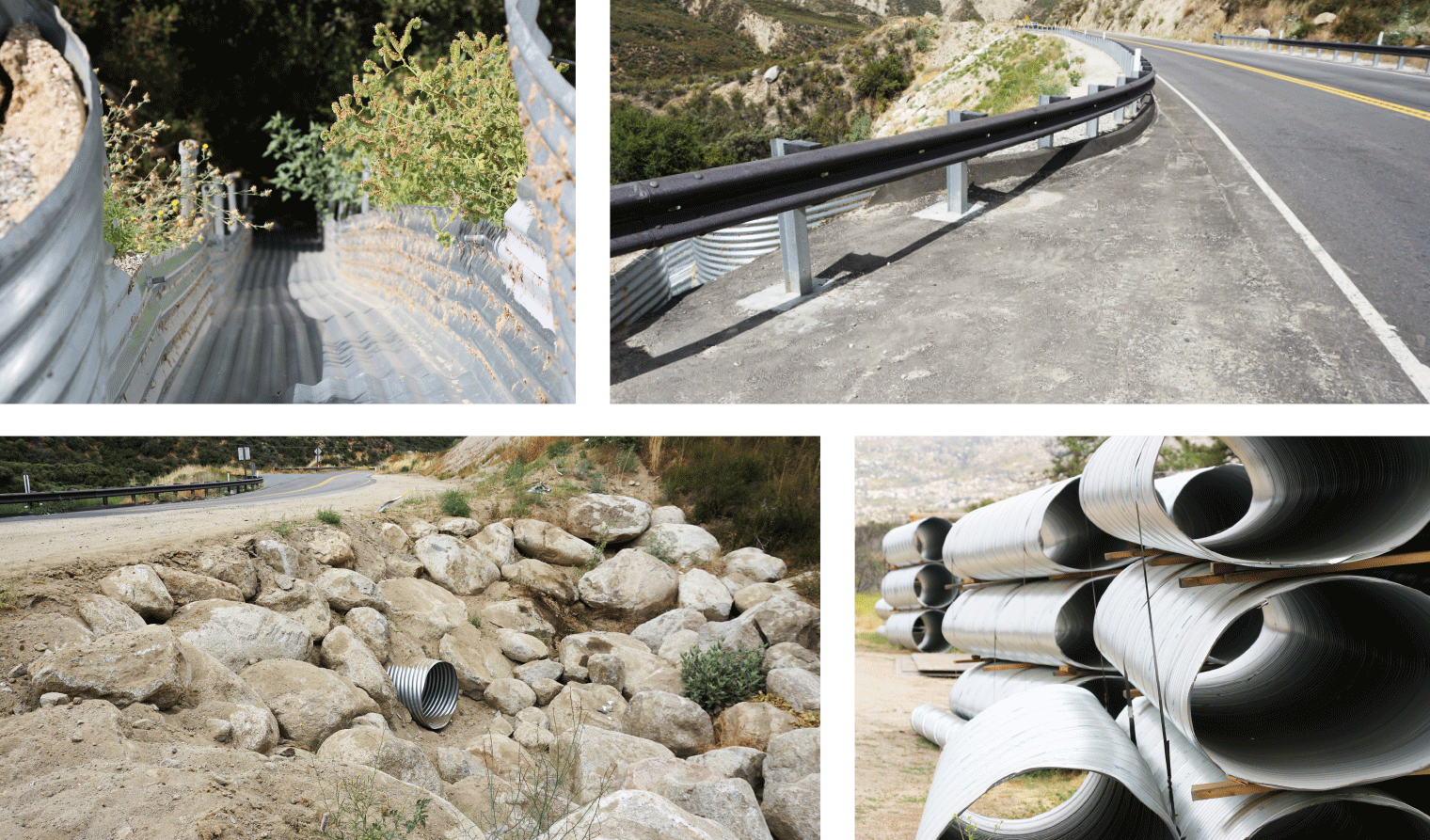 Figure: 4 photos in one. Top left: Photo of a new water drainage system. Top right: Photo of highway after repairs were made, showing new pavement and guardrail. Bottom left: Photo of a new culvert running under highway. Bottom right: Photo showing stacks of new culverts on pallets on the side of highway awaiting installation.