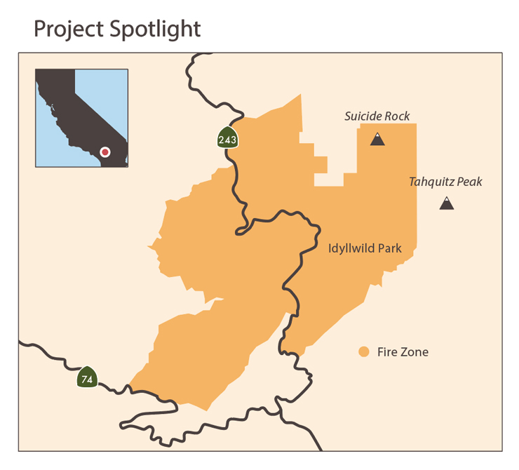 Illustrated map showing the fire zone that led to major storm damage in Idyllwild. Also shows the affected highways 243 and 74